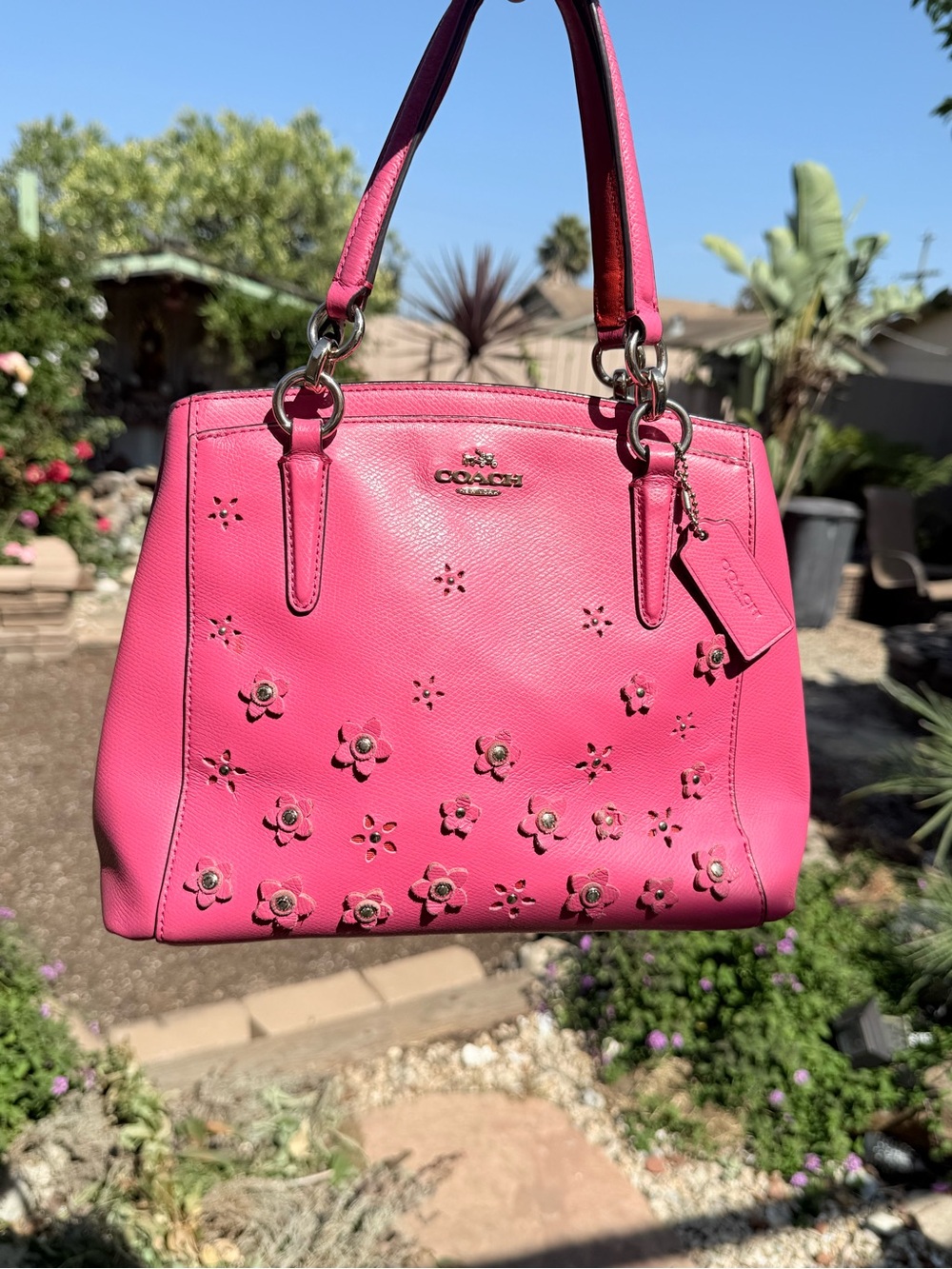 Coach Pink Leather Floral Studded Shoulder Bag